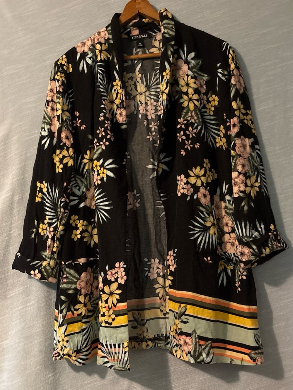 Roz & Ali Kimono Open Front 3/4 Cuffed Sleeves Black/Multi Floral Women’s Sz M